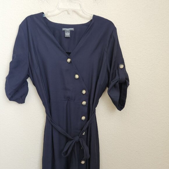 Chelsea Theodore Shirt Maxi Dress Large Navy blue Button-Front Short Sleeve Belt - Picture 4 of 15